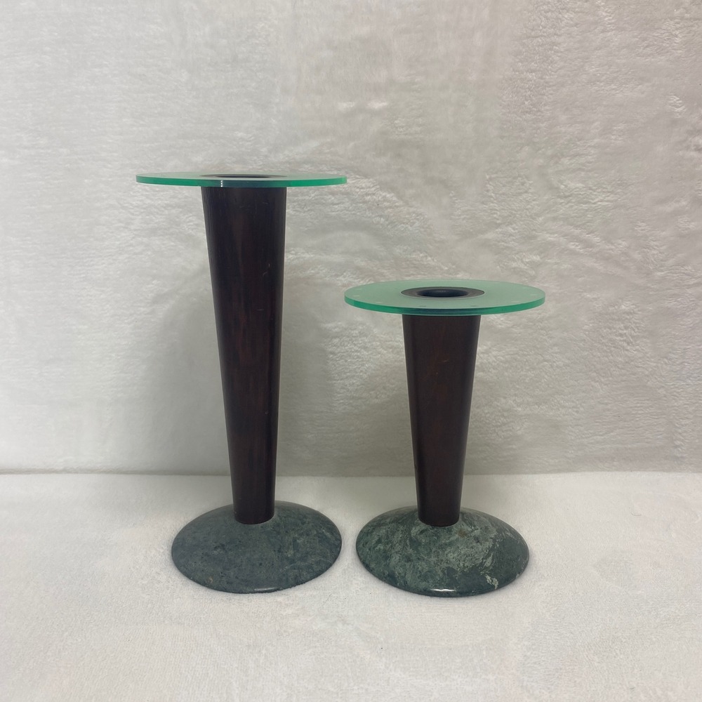 Set of 2 Pedestal Art Deco Wood‎ Marble Glass Tabletop Candlesticks